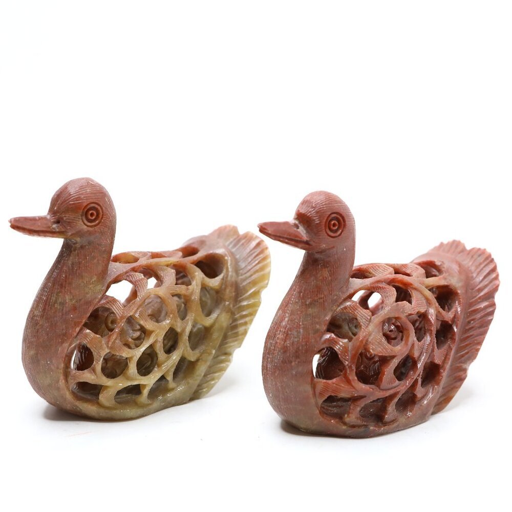 Vintage Pair of Hand-Carved Soapstone Duck Figurines - Lattice Jali Work